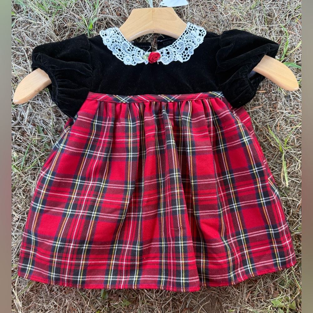 Vintage Jo Lene black velvet & red plaid toddler dress 18 months